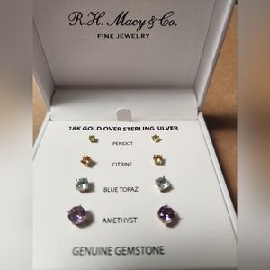 MACY'S, GENUINE GEMSTONES EARRINGS SET, 18K GOLD OVER STERLING SILVER, 4 PAIRS